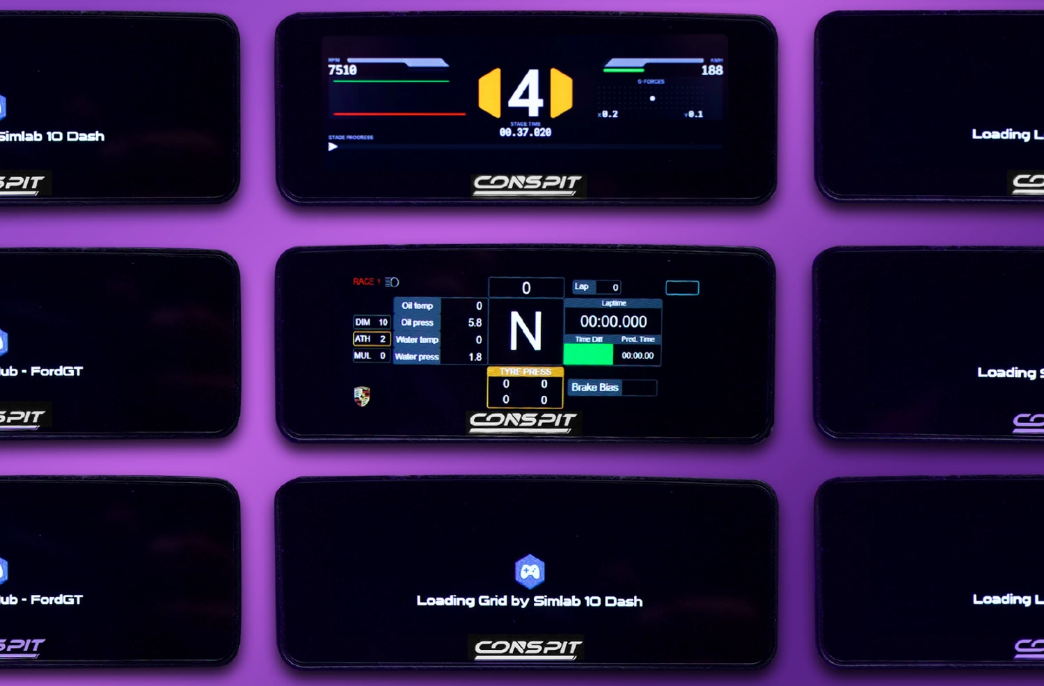 SimHub dashboards shown on the Conspit CSD Nano display